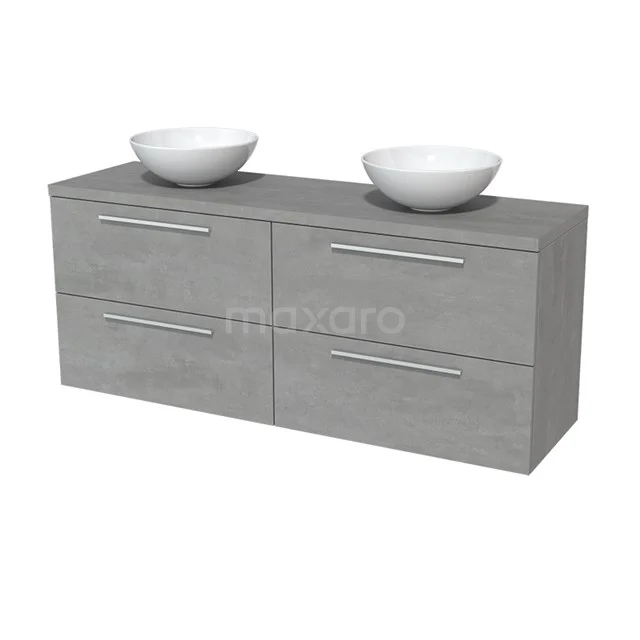Grey wooden bathroom unit with modern double basin made of ceramic, featuring four spacious drawers and sleek handles.