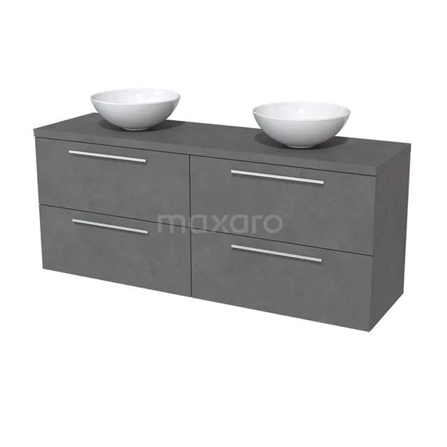 Grijze dubbele wastafelmeubel met vier lades, keramische kommen en moderne handgrepen, ideaal voor een stijlvolle badkamer.