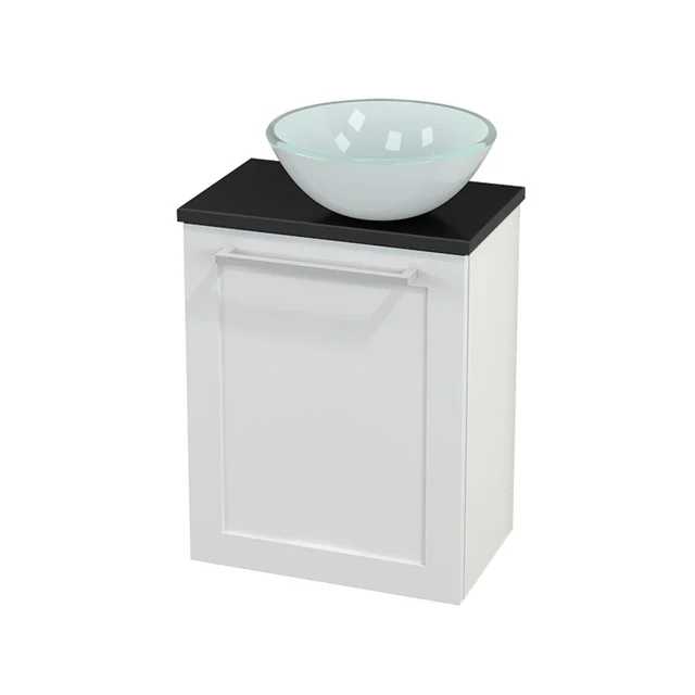 WC-Möbel mit Aufsatzwaschbecken Glas Modulo+ Pico Hochglanz Weiß 41cm BMC000506 Weißer Badschrank mit schwarzer Platte und gläsernem Waschbecken; kompaktes Design, ideal für moderne Bäder.