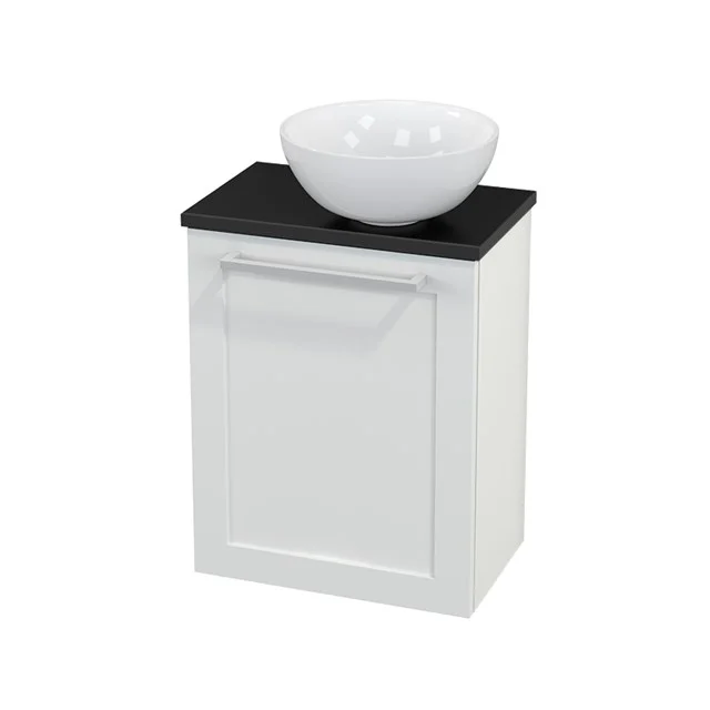 Weißes Badmöbel mit schwarzer Platte und runder keramischer Waschbecken, ideal für einen modernen Badezimmerstil.