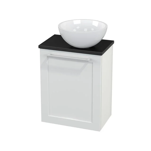 Toilet unit with Countertop wash basin Mineral marble Gloss Modulo+ Pico High-gloss white 41cm BMC000508 White bathroom unit with black top and round basin, ideal for compact spaces.