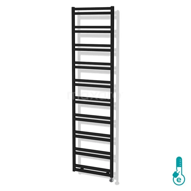 Black vertical towel radiator with minimalist design, ideal for modern bathrooms, made of durable metal.