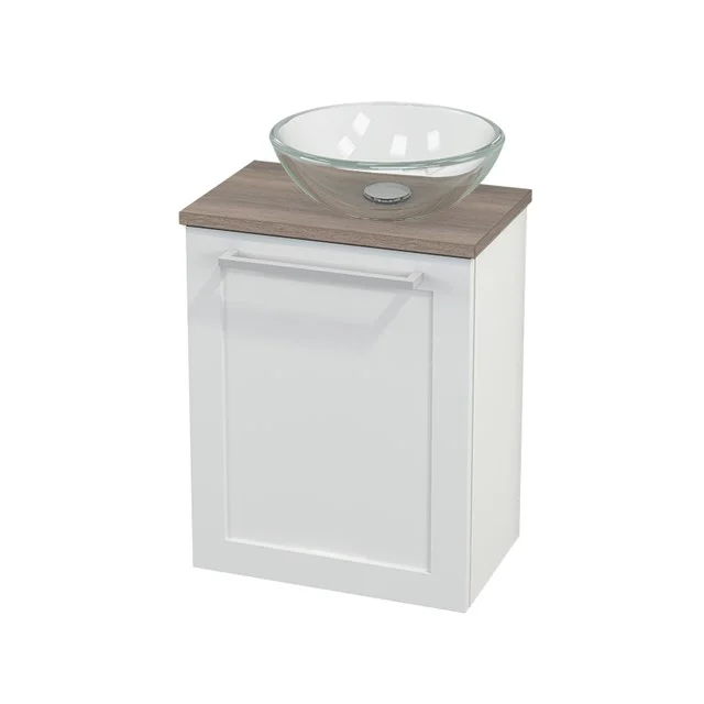 White bathroom unit with wooden worktop and round glass countertop wash basin, compact design for a modern bathroom style.