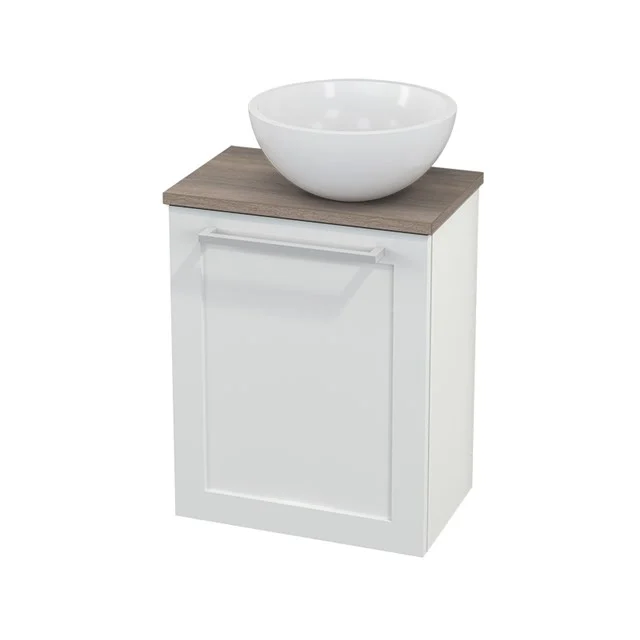 White bathroom unit with wooden top and round white countertop wash basin, ideal for modern bathroom design.