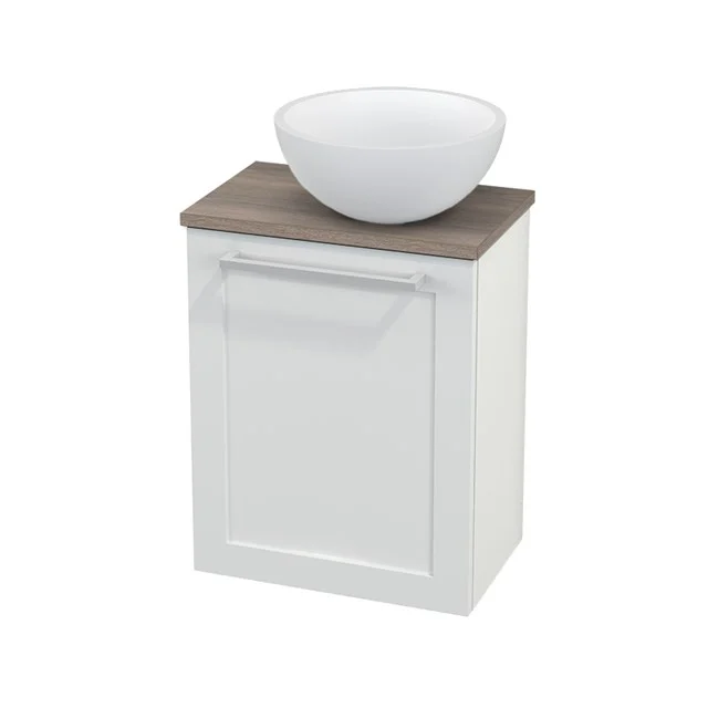 White bathroom unit with wood-look worktop and round basin; compact design, ideal for modern bathrooms.