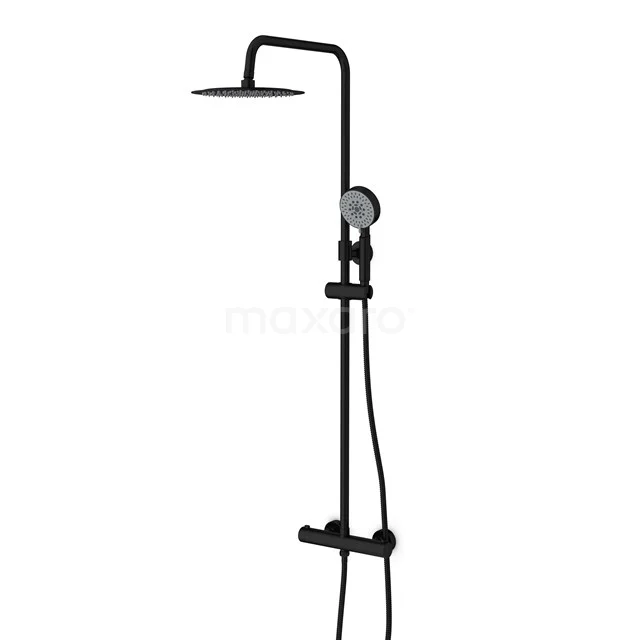 Schwarze Regenduschen mit runder Kopfbrause und Handbrause, Matt Schwarz Design, ideal für einen modernen Badezimmerstil.