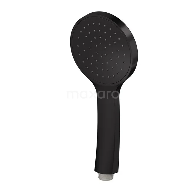 Schwarze Handbrause, rundes Design mit kleinen Wasserlöchern, ideal für Badezimmergebrauch, aus mattem Kunststoff gefertigt.