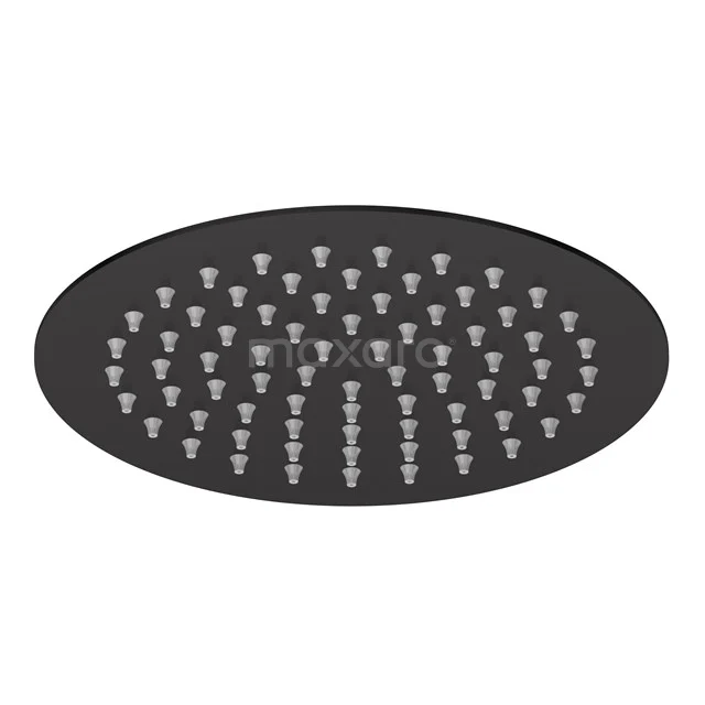 Ovale schwarze Regenduschekopf mit silbernen Sprühdüsen, modernes Design, ideal für ein luxuriöses Badezimmererlebnis.