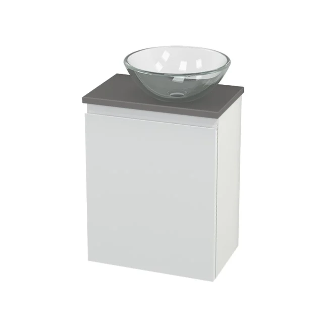 Weißes Badezimmermöbel mit grauer Arbeitsplatte und gläsernem Aufsatzwaschbecken, kompaktes Design für moderne Bäder.