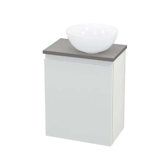 Weißes Badezimmermöbel mit grauer Platte, keramische schalenförmige Waschbecken, modernes Design ideal für kompakte Bäder.