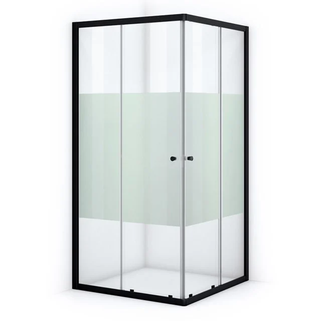 Duschkabine Ruby Allure 90x90cm aus klarem Sicherheitsglas mit Mattstreifen mit Schiebetüren Matt Schwarz L0830-0909M Schwarze Eck-Duschkabine mit gläsernen Schiebetüren, modernes Design, ideal für ein stilvolles Badezimmer.