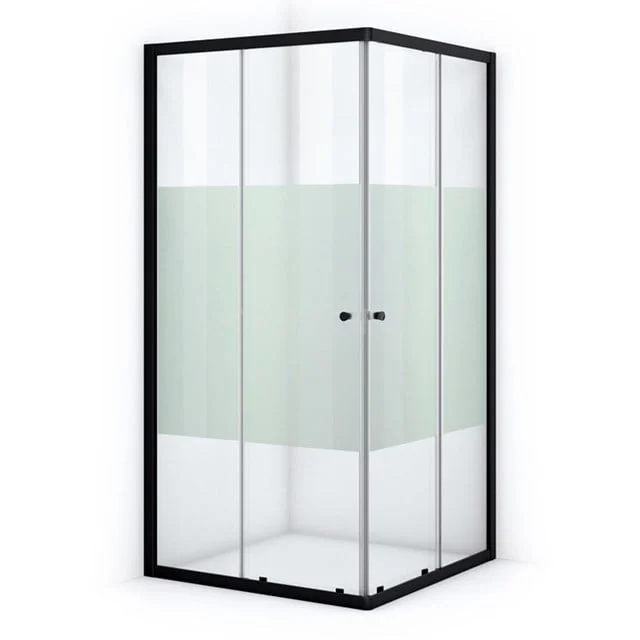 Black corner shower cabin with glass sliding doors, modern design, ideal for a stylish bathroom.