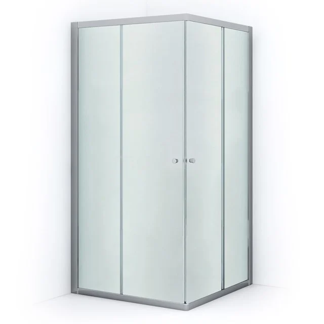 Corner shower cabin with frosted glass and aluminium profile, space-saving design, ideal for modern bathrooms.