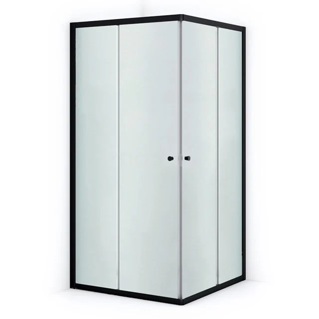 Schwarze Eck-Duschkabine mit Glasplatten, modernes Design und platzsparend für eine stilvolle Badezimmergestaltung.