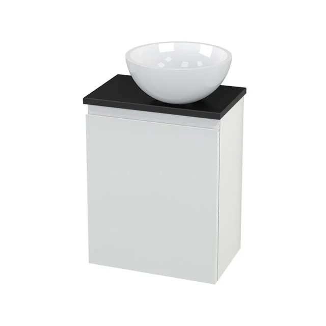 Weißes Badmöbel mit schwarzer Oberfläche und rundem weißen Aufsatzwaschbecken, modernes Design, ideal für einen klaren Badezimmerstil.