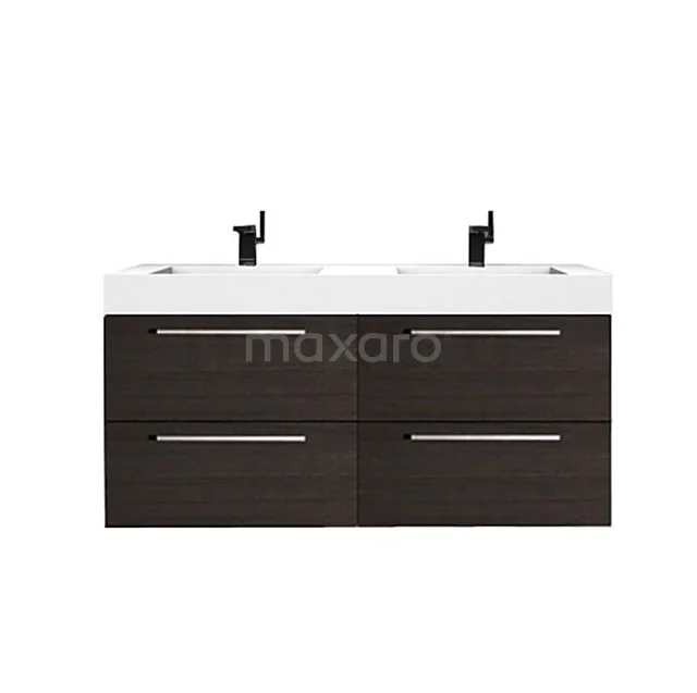 Modern double basin with dark wood base cabinet, four drawers and black taps, perfect for a luxurious bathroom.