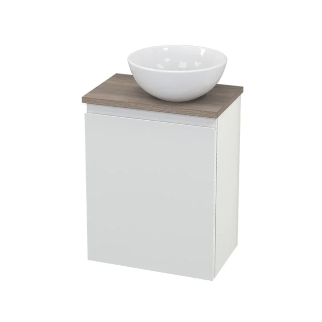Toilet unit with Countertop wash basin Ceramic Modulo+ Pico High-gloss white 41cm BMC000542 White bathroom cabinet with wooden top and round ceramic top washbasin, ideal for compact bathroom arrangements.