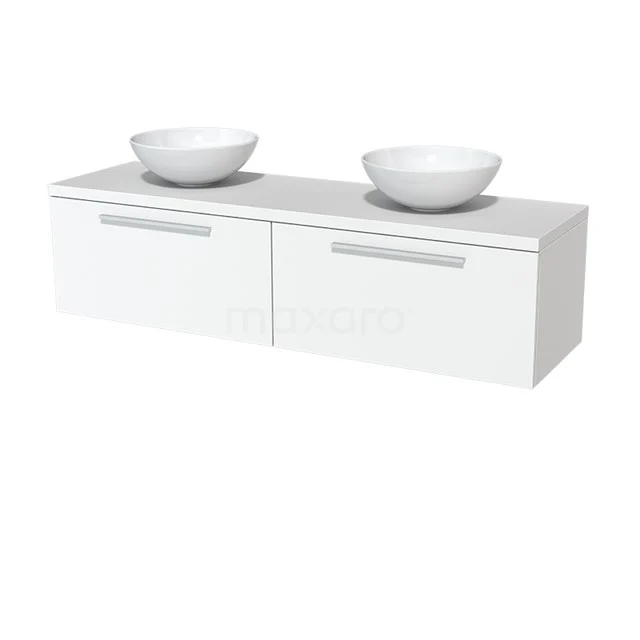 Weißes hängendes Badezimmermöbel mit zwei Aufsatzwaschbecken, Soft-Close-Schubladen und modernem Design, ideal für eine stilvolle Badezimmergestaltung.