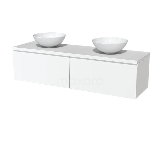 Modulo Plato Badmöbel mit Aufsatzwaschbecken | 160 cm Matt Weiß Grifflos front Matt Weiß blatt 2 nebeneinanderliegende Schubladen BMK12-00012 Weißes Badezimmer Waschtisch mit zwei runden Aufsatzwaschbecken, modernes Design und schwebende Ausführung für eine stilvolle Badezimmergestaltung.