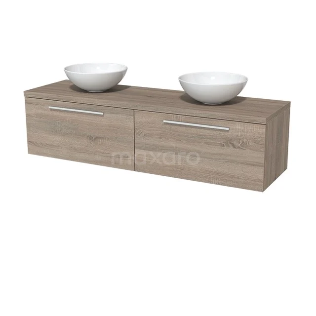 Holz Badezimmermöbel mit zwei Schubladen und doppelten weißen Waschbecken, modernes Design, ideal für stilvolle Badezimmer.