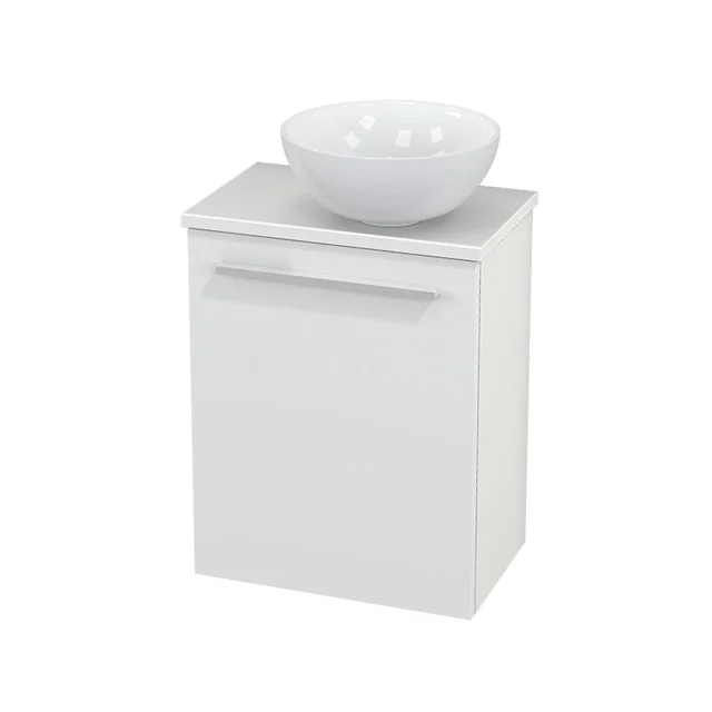 White bathroom unit with sleek cabinet and surface-mounted countertop wash basin, modern design made of high-quality MDF for stylish bathroom design.