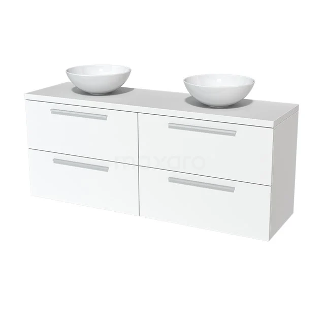 Weißes, modernes Badmöbel mit doppelten keramischen Aufsatzwaschbecken, 4 Schubladen und schlankem Design für zeitgemäße Bäder.