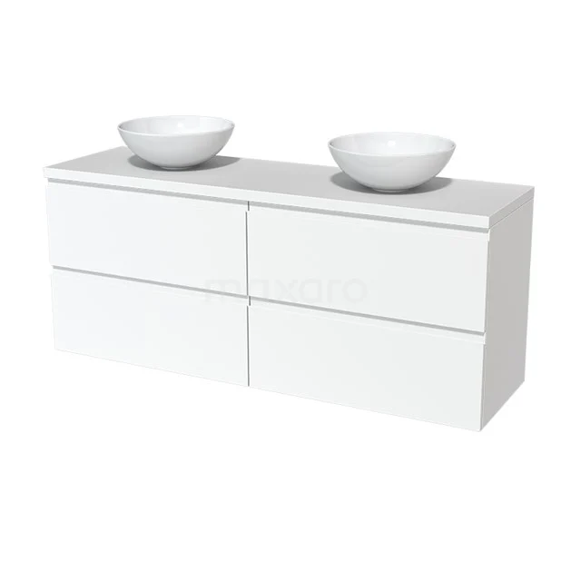 Weißes Doppelwaschbeckenmöbel mit keramischen Schalen, minimalistisches Design, ideal für ein modernes Badezimmer.