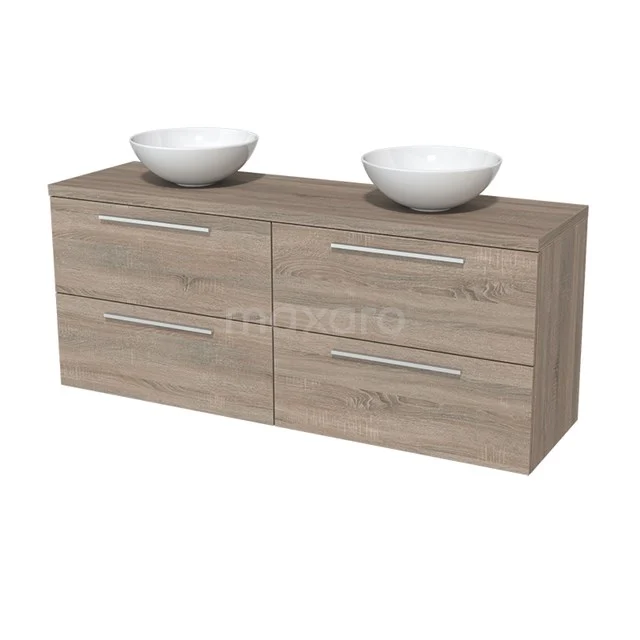 Houten badkamermeubel met eikenlook, dubbele wastafel in witte komvorm, vier lades met metalen grepen.