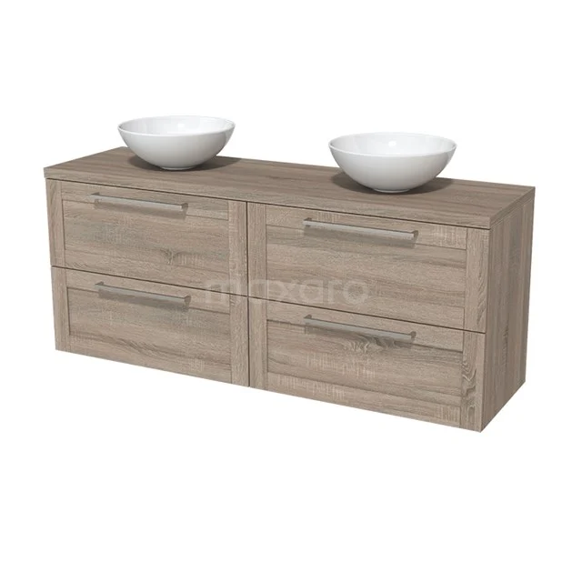 Houten badkamermeubel met dubbele wastafel, licht eiken afwerking en vier ruime lades voor opbergruimte.
