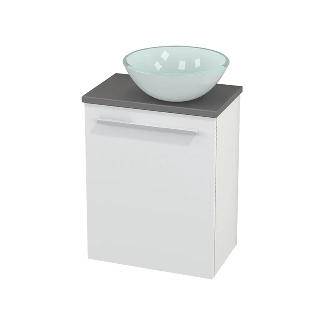 Toilet unit with Countertop wash basin Glass Modulo+ Pico Matte white 41cm BMC000555 White bathroom unit with grey worktop and glass vanity units with basin, compact design, ideal for modern bathrooms.