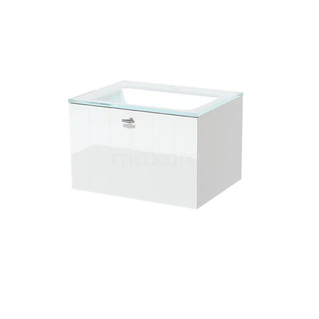 Modulo Bathroom furniture with sink | 60 cm High-gloss white Slat front Glass 1 drawer BMW11-00018 White bathroom cabinet with glossy finish and glass top; ideal for modern bathroom storage.