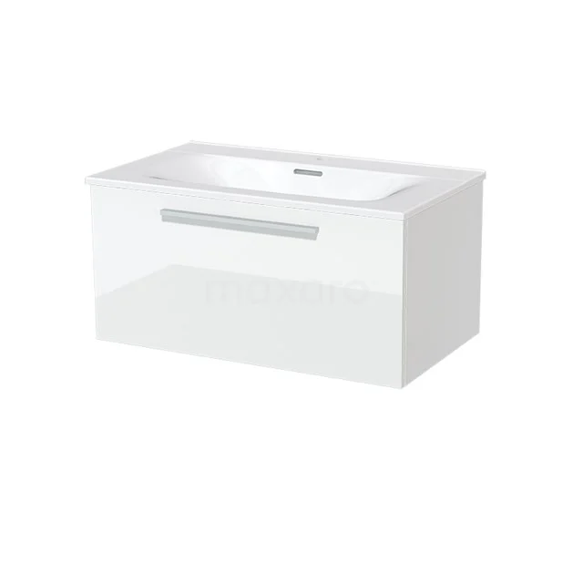 Modulo Waschtische | 80 cm Hochglanz Weiß Flach front Keramik 1 Schublade BMW11-00038 Weiß glänzendes Badmöbel mit Schublade und integriertem Waschbecken, modernes Design, ideal für stilvolle Badezimmerlagerung.