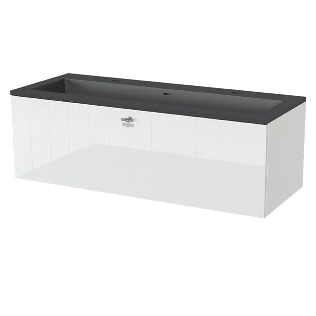 White bathroom unit with black basin worktop, sleek design, single drawer, ideal for modern bathrooms.