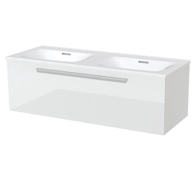 White Bathroom unit with vanity units with basin, glossy finish and silver handle, ideal for modern bathrooms.