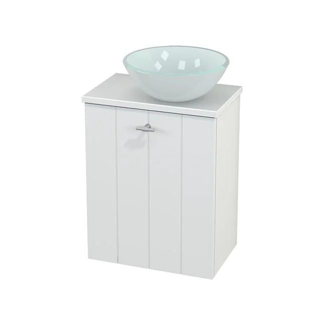 White bathroom unit with integrated storage space and glass countertop wash basin, ideal combination for stylish bathroom design.