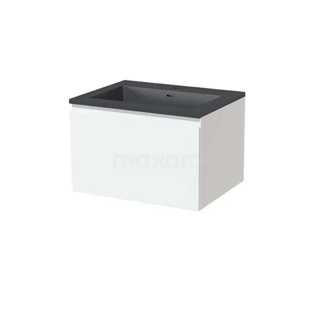 Modulo Vanity units with basin | 60 cm Matte white Handle-less front Quartz 1 drawer BMW11-00204 White wide bathroom unit with matt black basin, compact design, ideal for modern bathrooms.