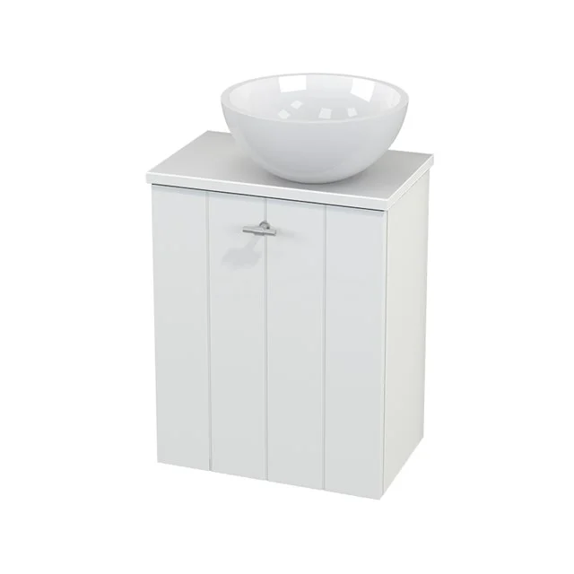 White wooden Bathroom cabinet with basin, striped design and metal Handle, ideal for compact bathrooms.