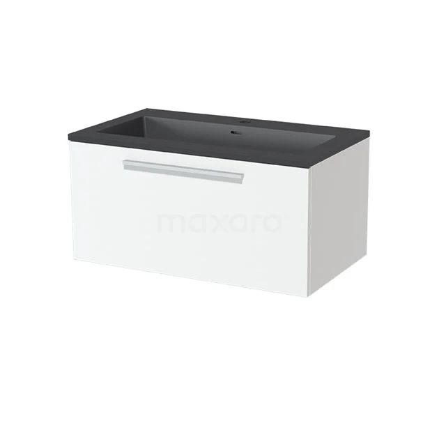 Modulo Vanity units with basin | 80 cm Matte white Flat front Quartz 1 drawer BMW11-00216 White bathroom cabinet with a black sink, modern design, finished with a minimalist-style metal handle.
