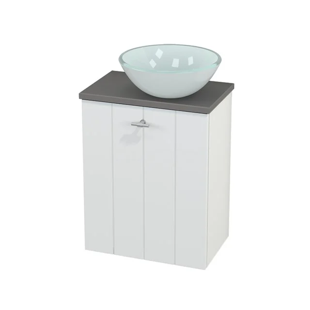 White bathroom cabinet with grey worktop and glass countertop wash basin, modern design for stylish bathroom storage.