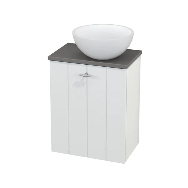 White wooden bathroom cabinet with grey top plate and round basin, ideal for stylish storage space in the bathroom.