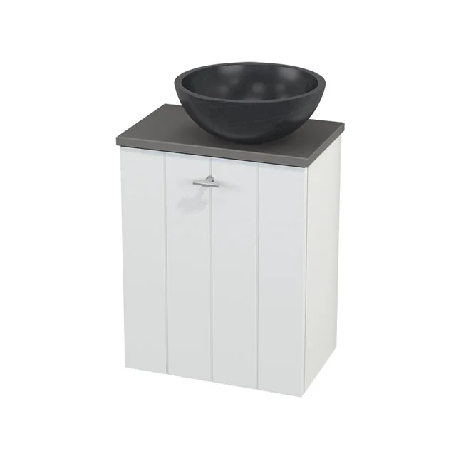 WC-Möbel mit Aufsatzwaschbecken aus Naturstein Modulo+ Pico Matt Weiß 41cm BMC000587 Weißer Holz-Badschrank mit schwarzem Stein-Waschbecken obenauf, ideal für moderne Badezimmergestaltung.