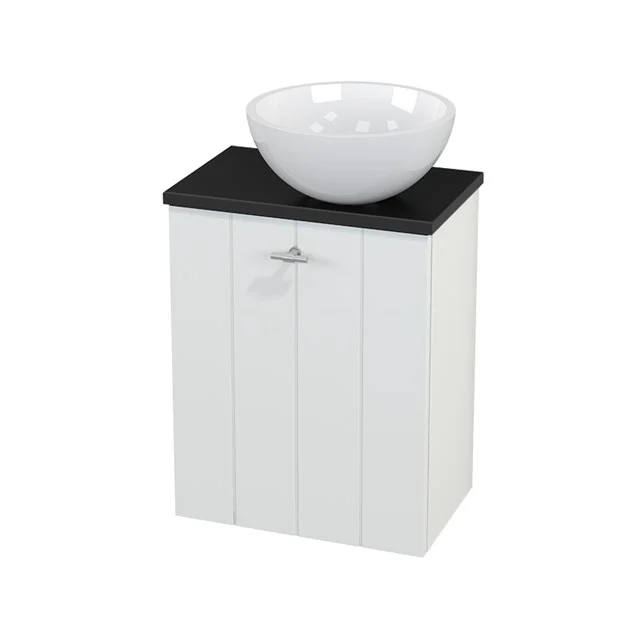 Toilet unit with Countertop wash basin Mineral marble Gloss Modulo+ Pico Matte white 41cm BMC000592 White wooden Bathroom cabinet with black top plate, including a round white countertop wash basin; ideal for a modern bathroom style.