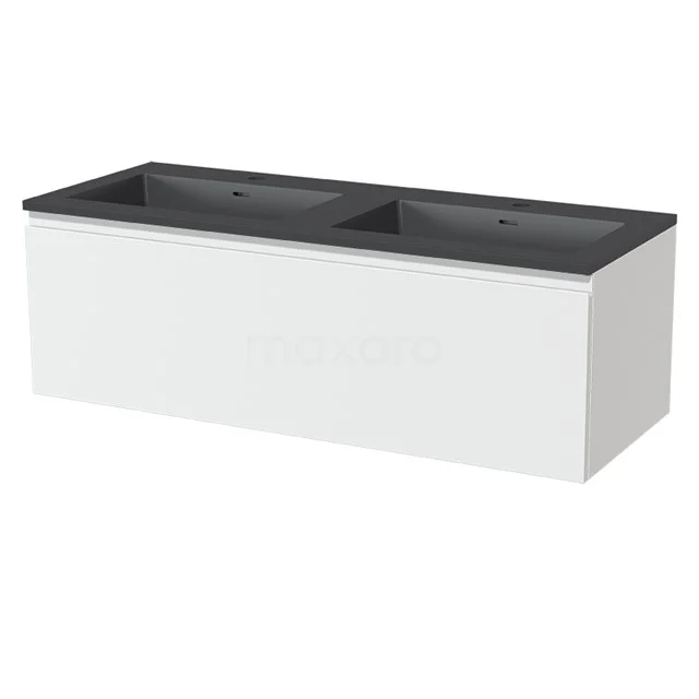 Modulo Vanity units with basin | 120 cm Matte white Handle-less front Quartz 1 drawer BMW11-00342 Double basin in white with black composite top, modern design, perfect for stylish bathroom design.