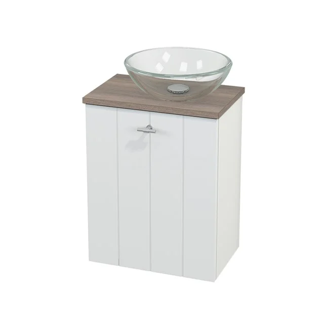 Weißes Badezimmermöbel mit Holzlook Platte und gläsernem Aufsatzwaschbecken, kompaktes Design ideal für kleine Bäder.