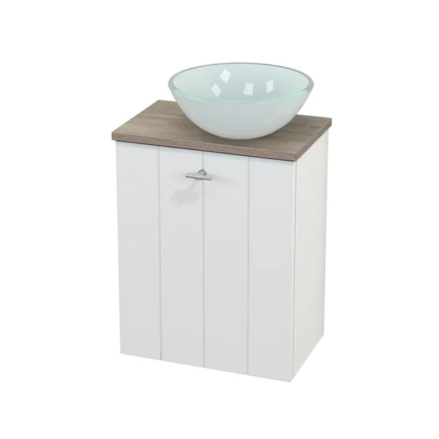 Weißes Badezimmermöbel mit Holzplatte, runder Glaswaschbecken und silberfarbigem Haltegriff, ideal für ein modernes Badezimmer.