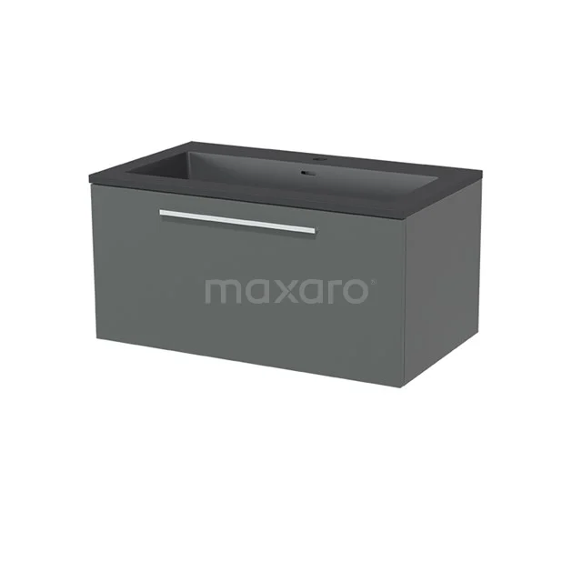 Modulo Waschtische | 80 cm Mittelgrau Flach front Quarz 1 Schublade BMW11-00387 Grauer Badschrank mit integriertem Waschbecken, minimalistisches Design und metallischem Haltegriff, ideal für moderne Bäder.