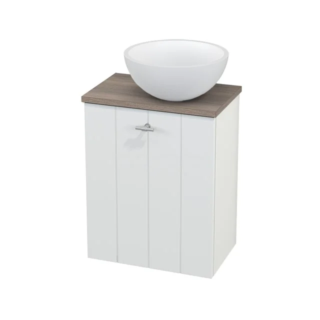 White bathroom unit with wood-look worktop and round countertop wash basin, country style, ideal for an atmospheric bathroom design.