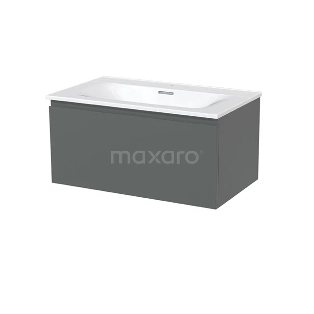 Grey bathroom furniture set with white ceramic basin, rectangular design, stylish and modern for any bathroom decor.