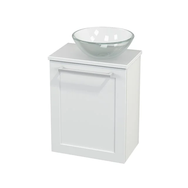 White bathroom cabinet with countertop wash basin made of glass, compact design, ideal for modern bathrooms.
