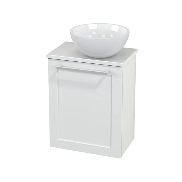 White Bathroom unit with basin, sleek design, wooden cabinet with panel door, ideal for modern bathroom design.